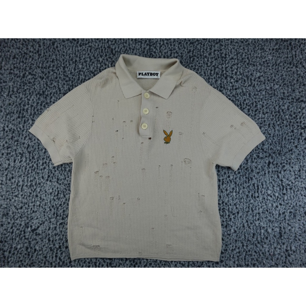 Playboy PacSun Knit Polo Shirt Mens Small Tan Good Distressed‎ Short Sleeve Logo
